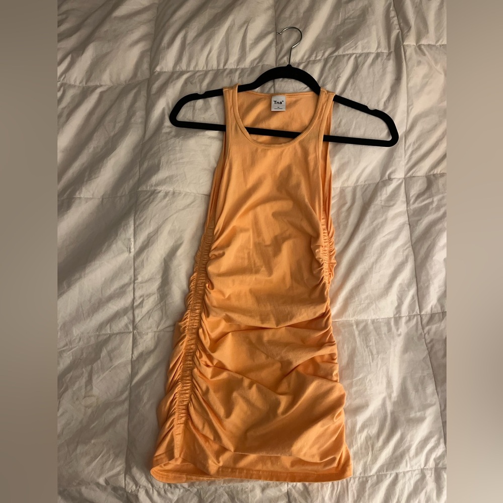 Aritzia TNA Bodycon Ruched Orange Mini Dress